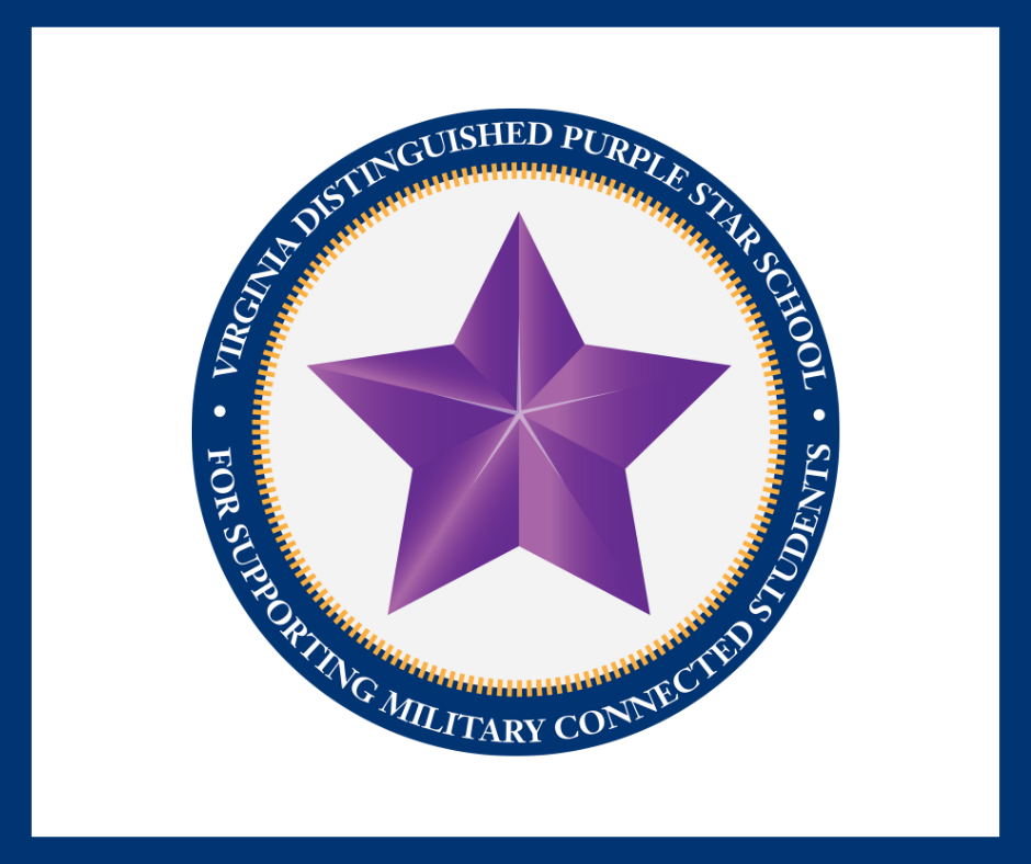 Purple five-pointed star emblem with circular blue border reading Virginia Distinguished Purple Star School for Supporting Military Connected Students.