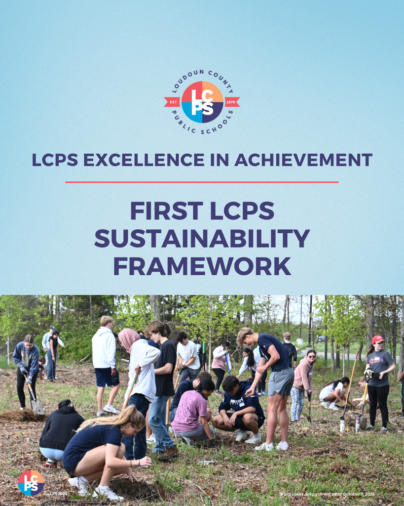 Group of students planting trees outdoors as part of Loudoun County Public Schools' first sustainability framework initiative.