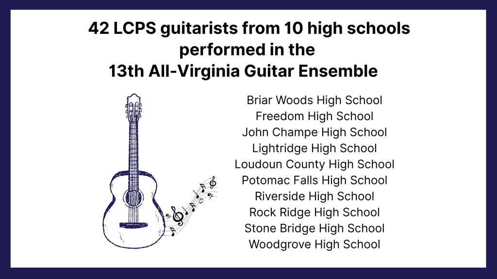 List of 42 LCPS guitarists from 10 high schools performing in the 13th All-Virginia Guitar Ensemble with a guitar and musical notes illustration.
