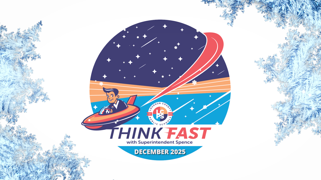 Illustration of a man in a spaceship flying around a planet. Snowflakes and flurries surround the planet for a winter edition still. Think Fast with Superintendent Spence. December 2025.