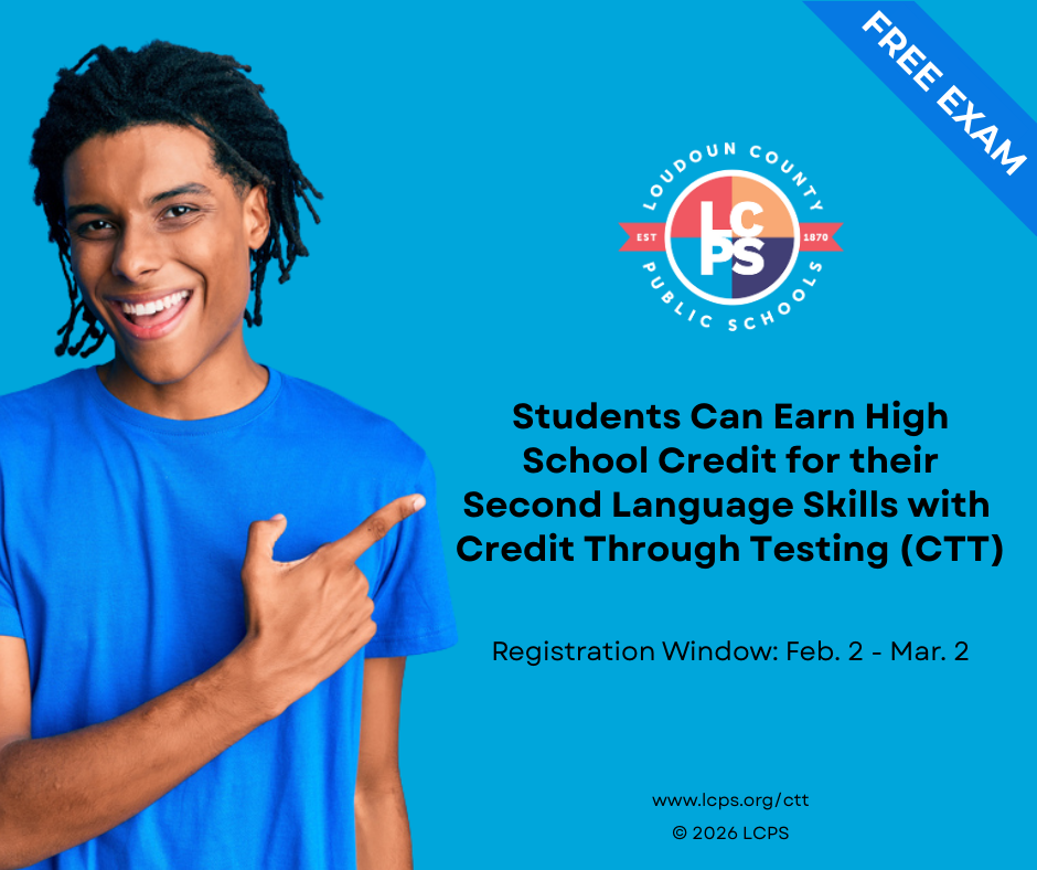 Student in blue shirt pointing to Loudoun County Public Schools logo and text about earning high school credit for second language skills through testing.