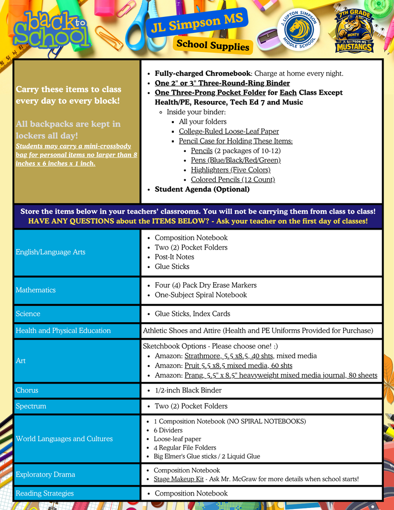 Grade 7 School Supply List (English)