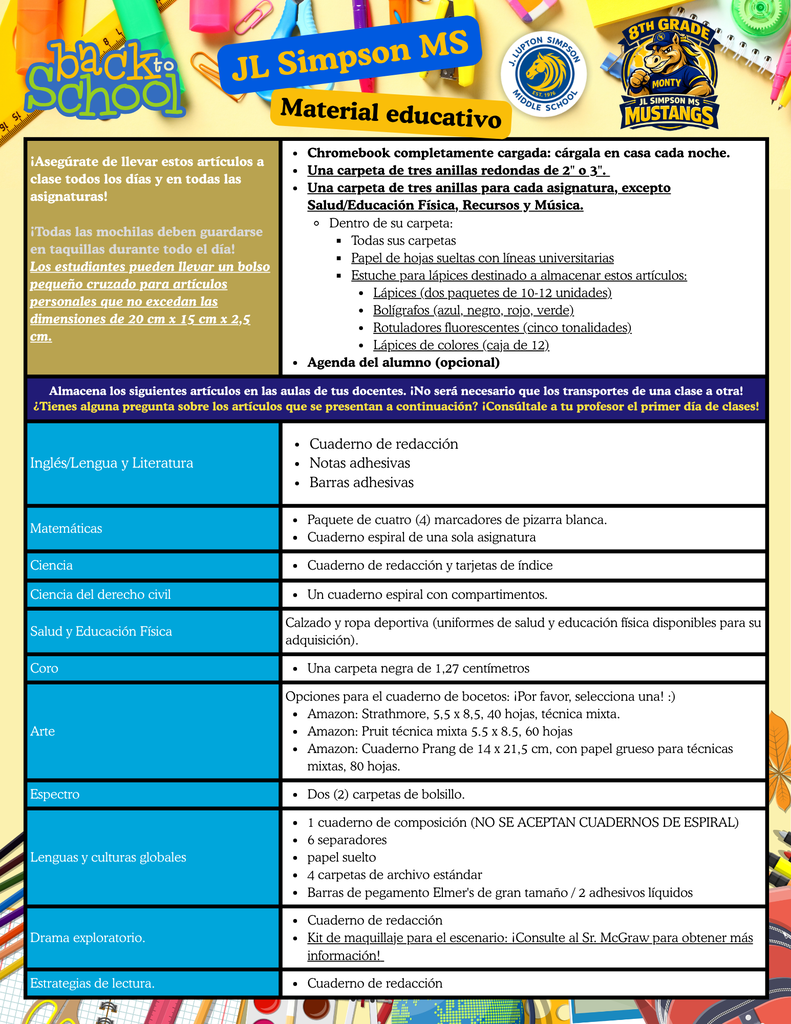 Grade 8 School Supply List (Spanish)