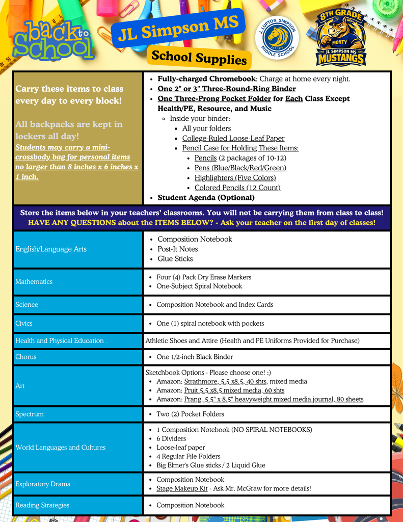Grade 8 School Supply List (English)