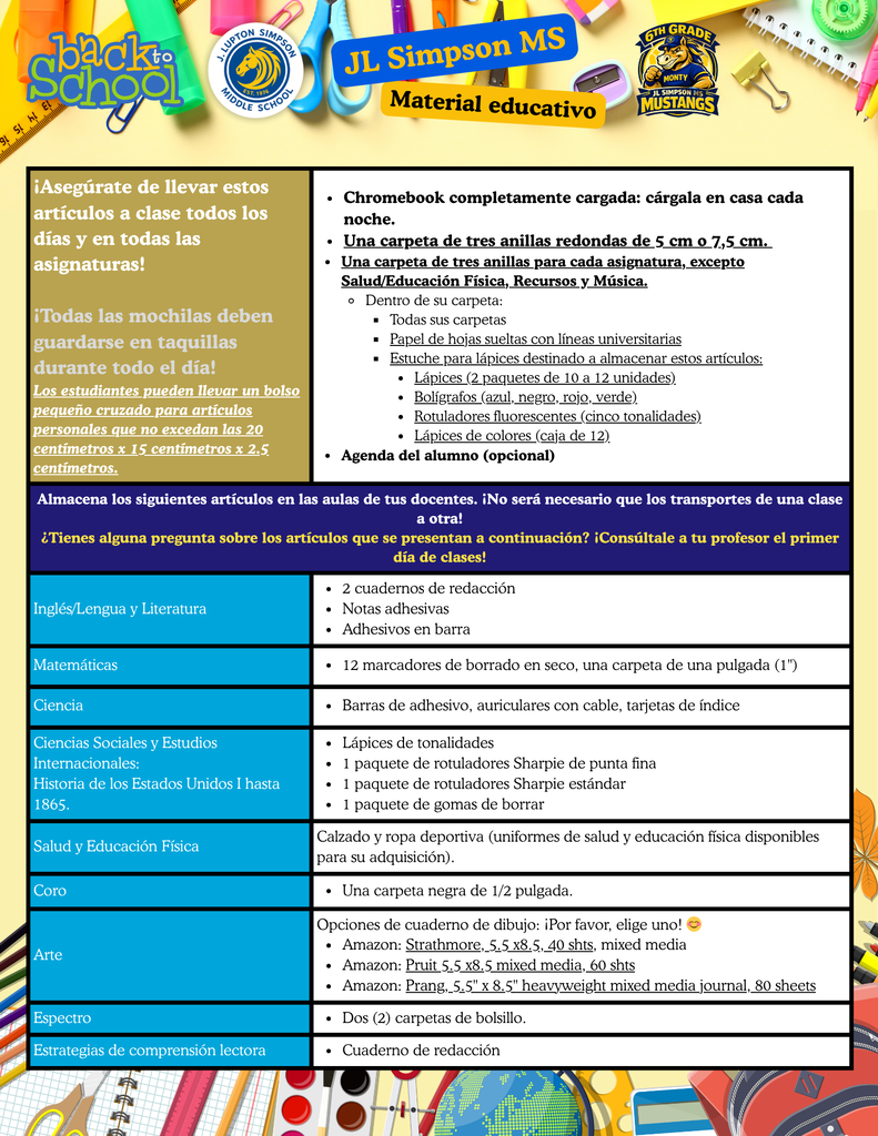 Grade 6 School Supply List (Spanish)