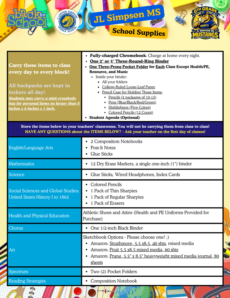 Grade 6 School Supply List (English)