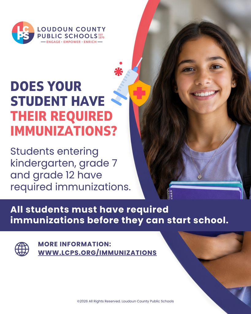 Poster with a girl holding books and a syringe symbol. Text: "Does your student have their required immunizations?"