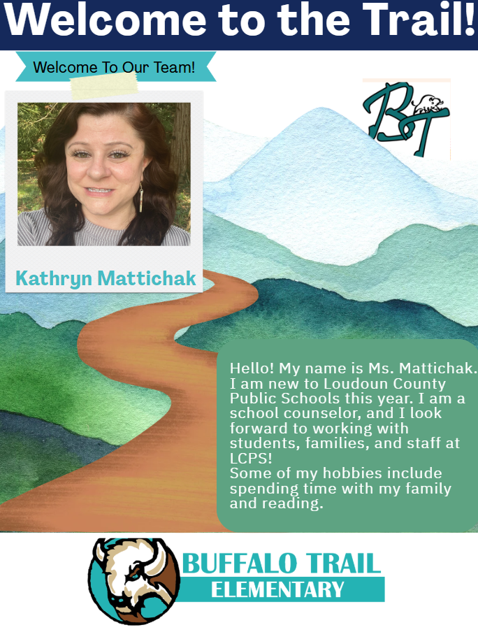 An advertisement for a new school counselor. It features a smiling woman and mountains. Text reads, "Welcome to the Trail!"