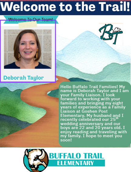 A smiling woman, Deborah Taylor, is featured. She has short hair and wears a blue top. Text introduces her as a Family Liaison.