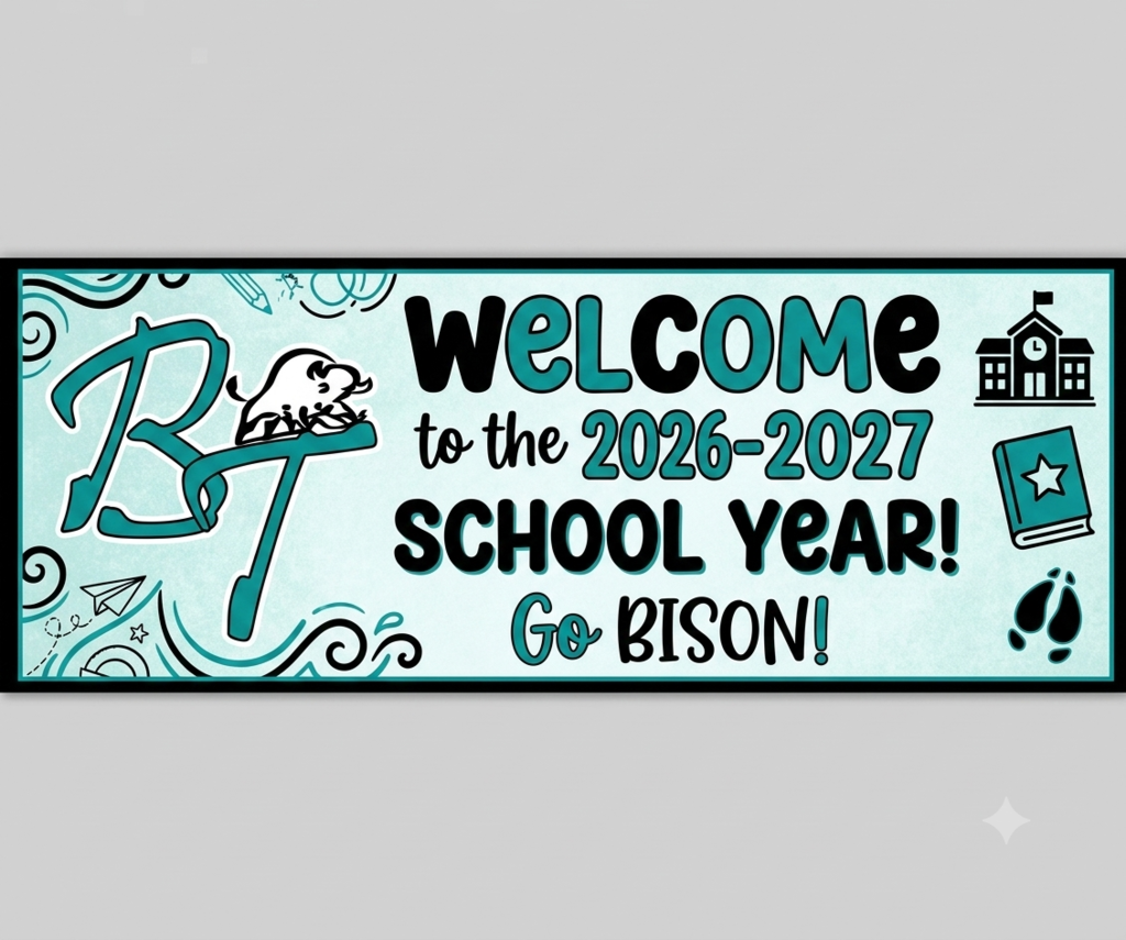 Banner with "Welcome to the 2026-2027 School Year! Go Bison!" in bold, accented by icons of a house, book, and paw print.