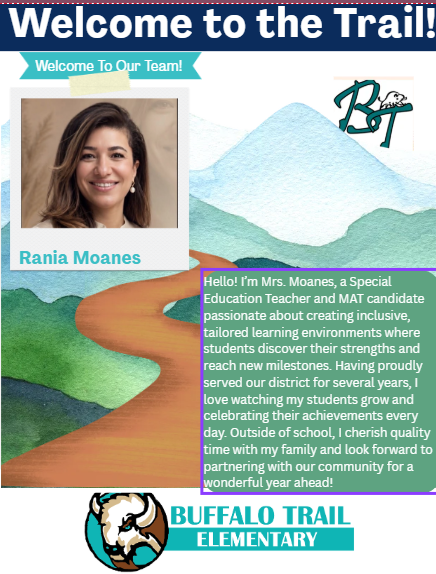 A school promotional image shows a smiling woman named Rania Moanes. Text introduces her as a Special Education Teacher and MAT candidate.