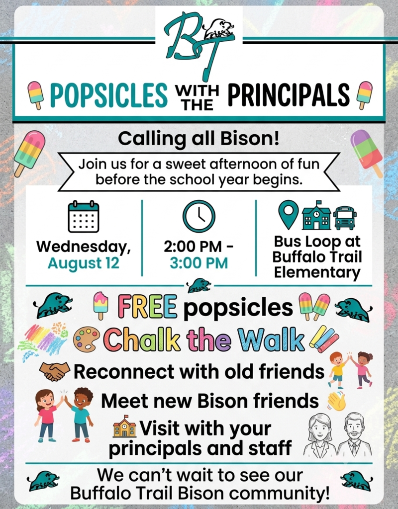 An event poster for "Popsicles with Principals" includes icons for ice cream, a calendar, a clock, and buildings.