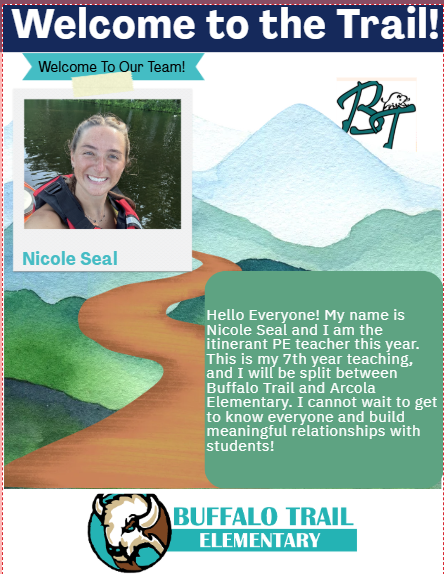 A smiling woman, Nicole Seal, in a life jacket, stands beside a trail. Text reads "Welcome to the Trail!" and "Nicole Seal." Background shows mountains and a dirt path.