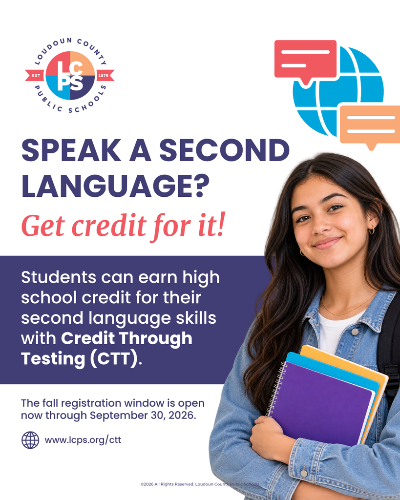 A flyer shows a smiling girl holding books, with text: "Speak a Second Language? Get credit for it! Students can earn high school credit."