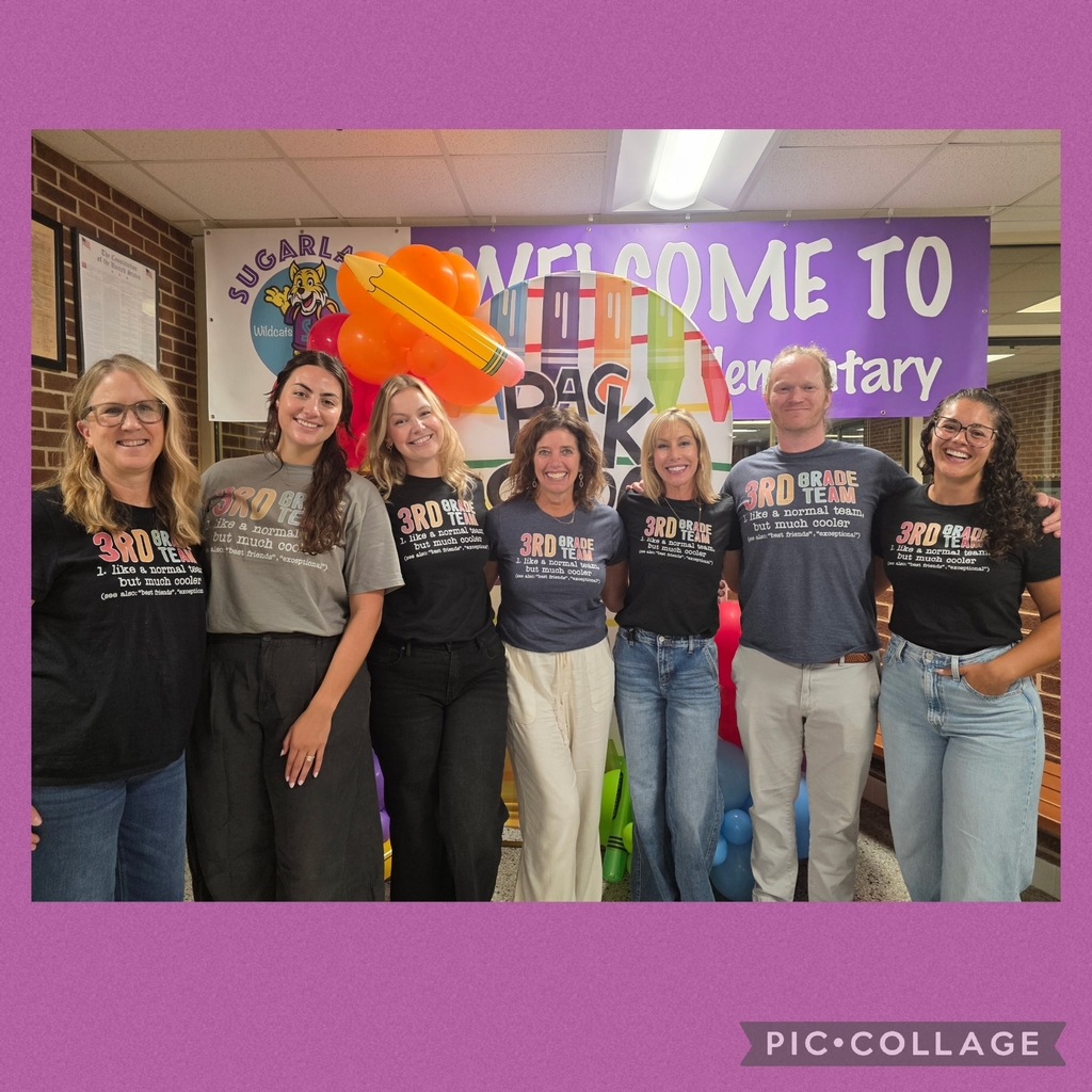 Nine people in matching shirts pose for a photo in a room with balloons and a banner.