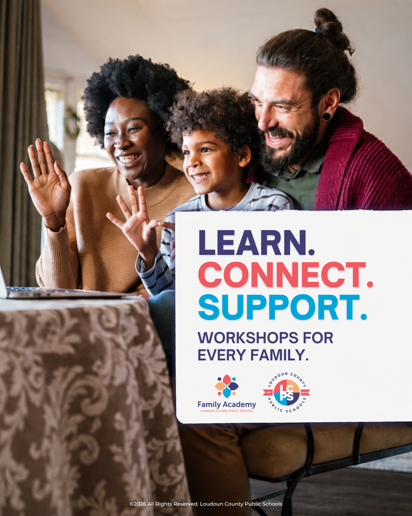 A family of three sitting together, smiling, with a child waving. Text: "Learn. Connect. Support. Workshops for Every Family."