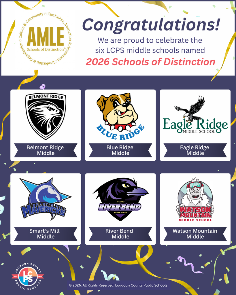 Graphic displaying six school logos, including Blue Ridge, Belmont Ridge, Smart's Mill, River Bend, and Watson Mountain.