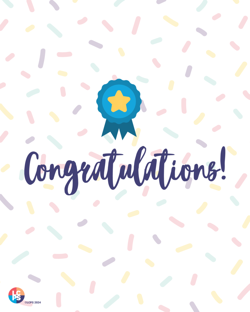 White background with colorful confetti. Blue ribbon with star in center. "Congratulations!" in blue font. Lower left corner has a logo.
