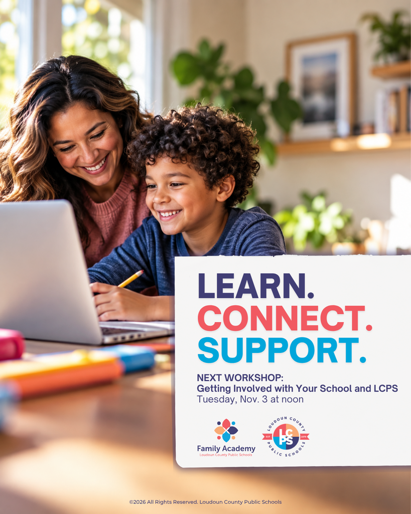 Adult and child seated at desk using laptop. Child smiles at adult. Poster text reads: Learn. Connect. Support.