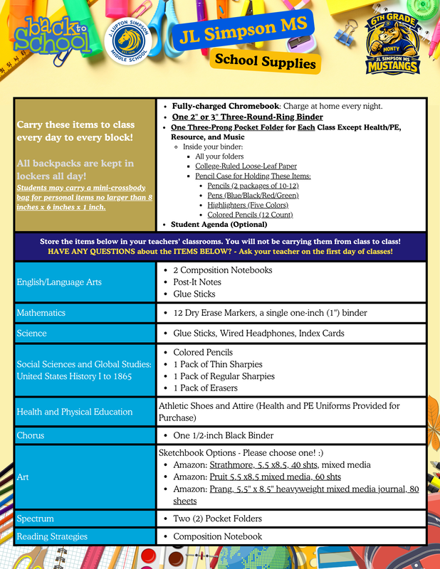 School Supply List Grade 6