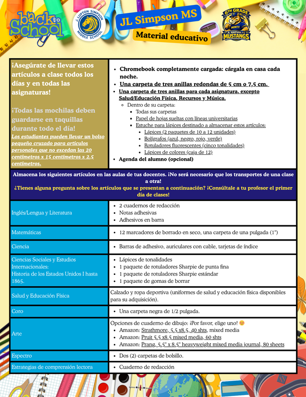 Grade 6 Supply List Spanish