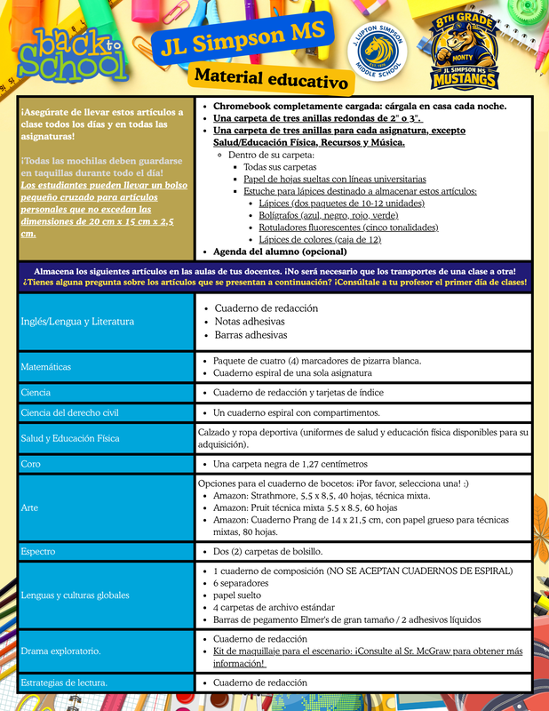 School Supply List - Grade 8 Spanish