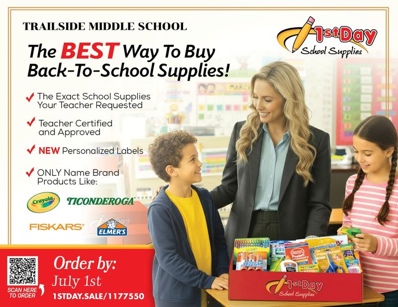 1st Day School Supplies order link. Graphic says "Your School Supplies Are Ready To Order. Order in a few clicks!" and shows a box of supplies next to a smartphone ordering app.