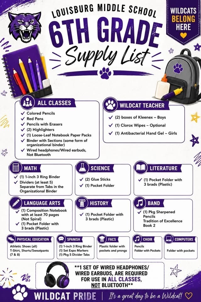 6th Grade Supply List
