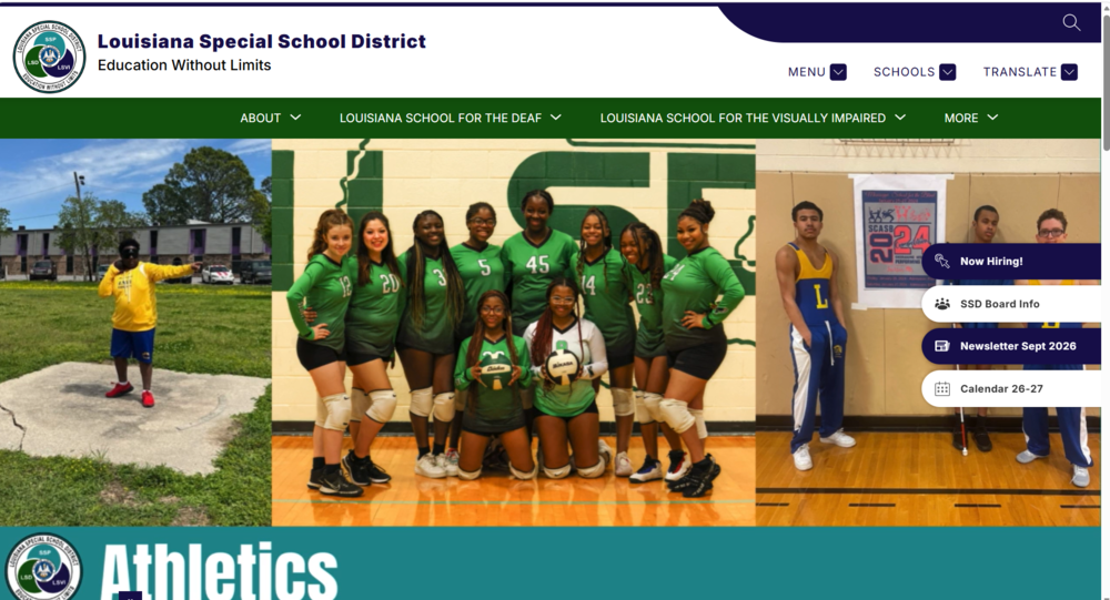 Screenshot of the SSDofla.org homepage shows the Athletics page and volleyball players, a shotput athlete and the wrestling team.