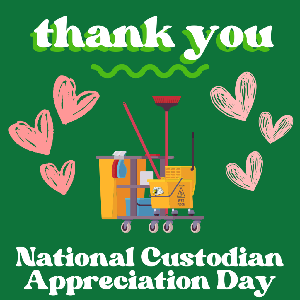 A janitorial cart with cleaning supplies is surrounded by pink hearts, with the text thank you and National Custodian Appreciation Day
