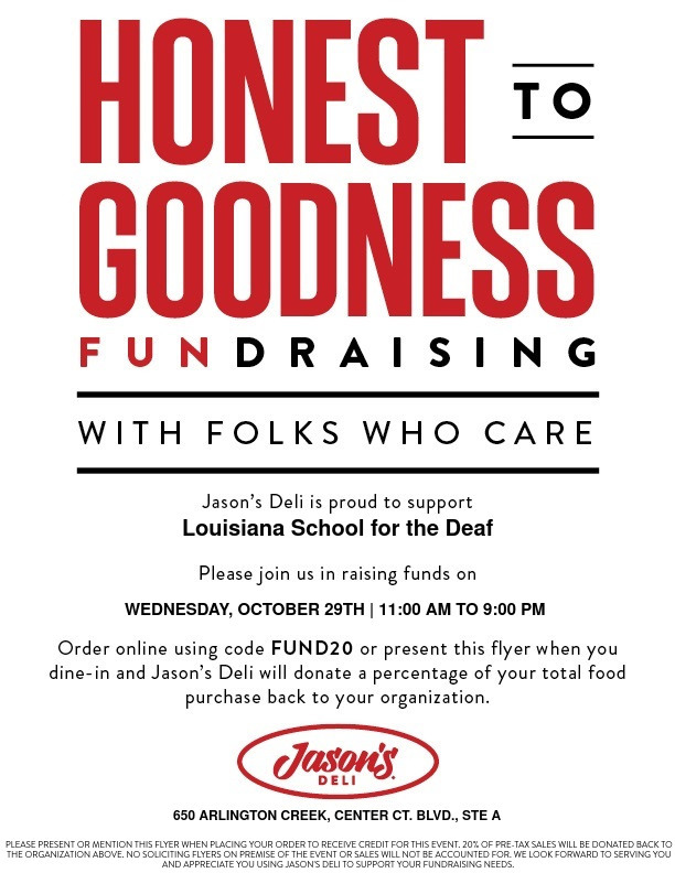 Jason's Deli LSD Fundraiser Flyer for LSD Wednesday, October 29th 11am to 9pm use code FUND20