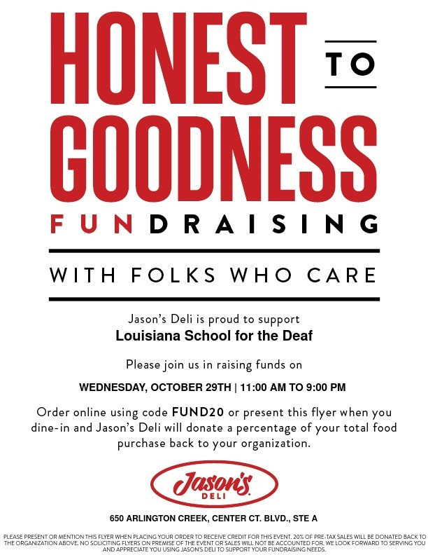 Jason's Deli LSD Fundraiser Flyer for LSD Wednesday, October 29th 11am to 9pm use code FUND20