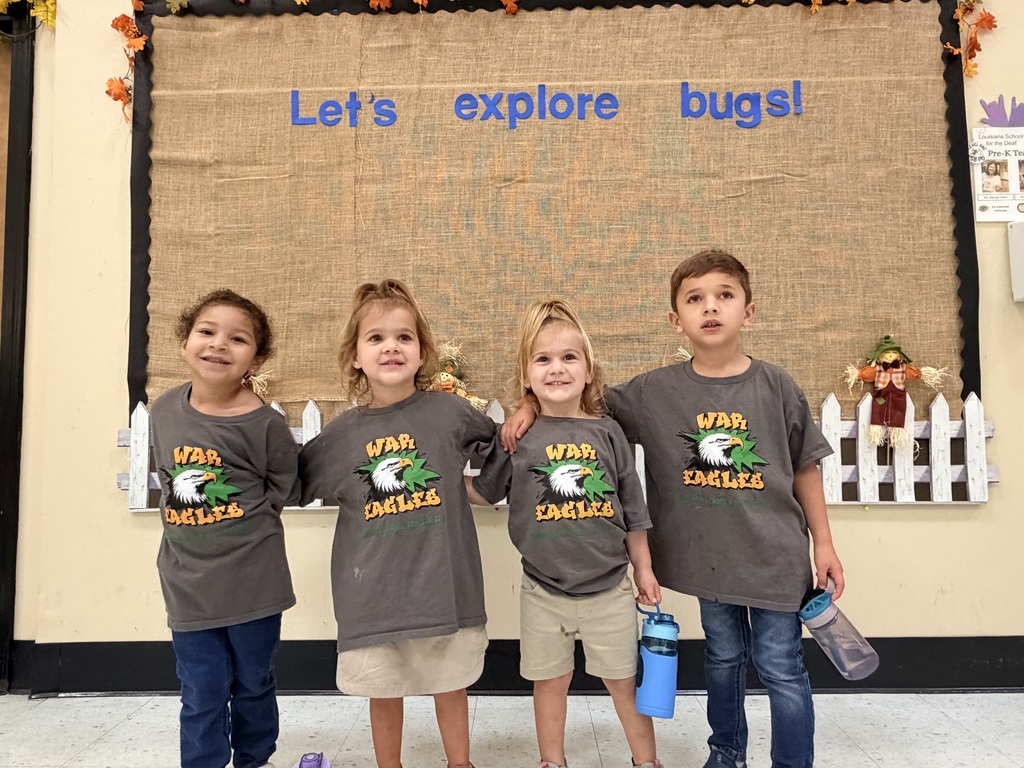 4 Students standing and smiling wearing war eagle shirts. 