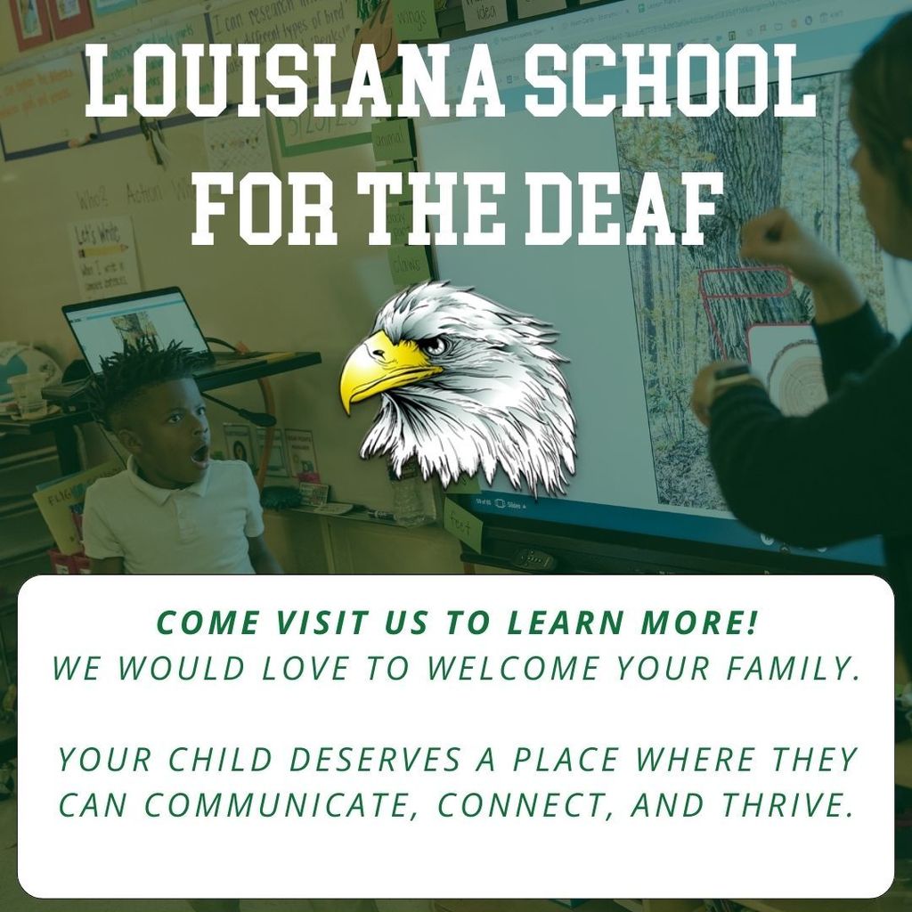 8 Classroom scene at Louisiana School for the Deaf with a child, signing person, and screen