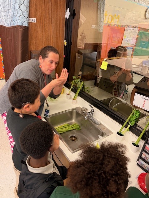 Teacher and students at the sink