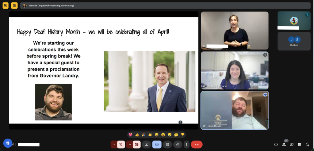 Screenshot of virtual meeting with Liam Doyle and Dr. Delgado discussing the Proclamation for Deaf History Month