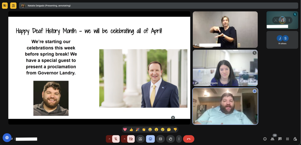Screenshot of virtual meeting with Liam Doyle and Dr. Delgado discussing the Proclamation for Deaf History Month