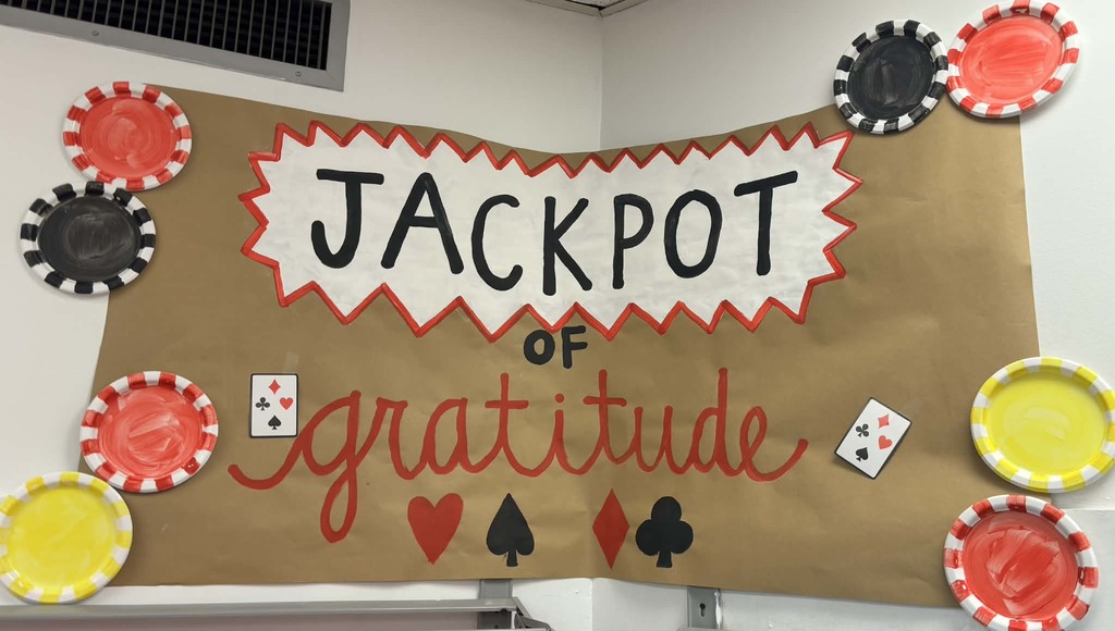 Banner that reads "Jackpot of gratitude" with casino decor and poker chips surrounding it