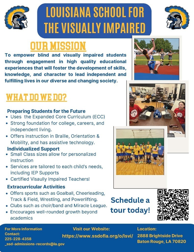 Flyer Featuring Louisiana School for the Visually Impaired and key factors such as Expanded Core Curriculum, Individualized Support, and Extracurricular Activities.