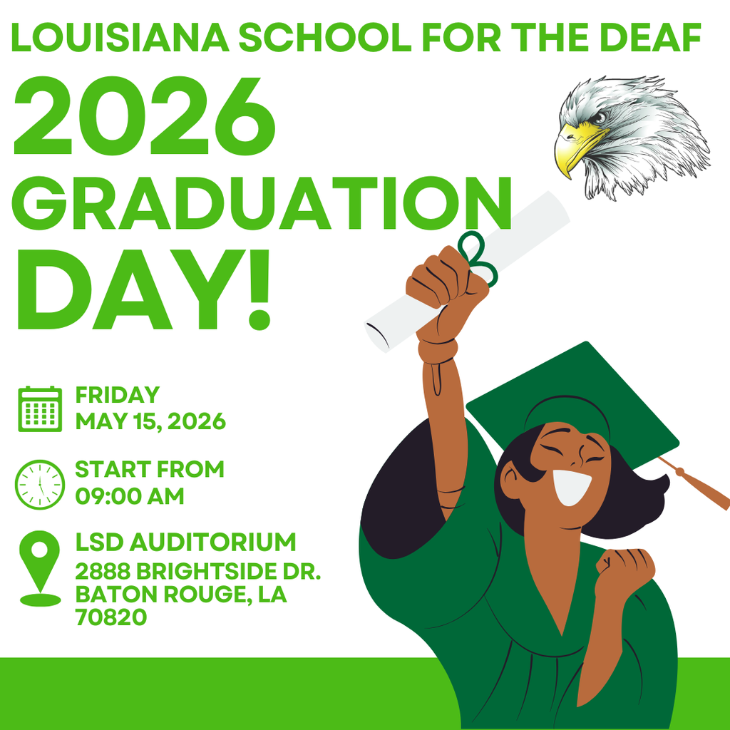 LSD 2026 graduation day invitation with the war eagle logo and an image of a student in a cap and gown holding up a diploma