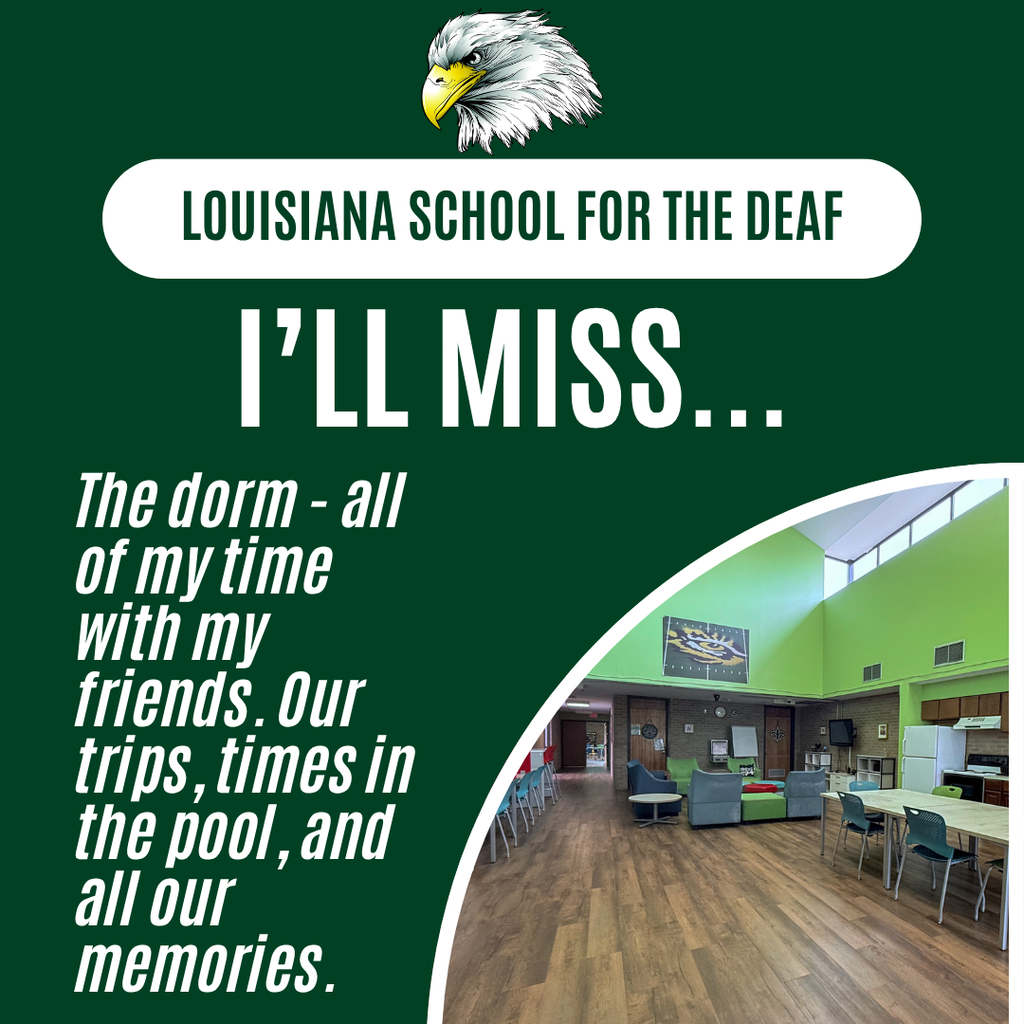 Graphic featuring a senior quote about missing dorm life, friends, trips, pool time, and memories. The image shows a welcoming dorm common area with tables, seating, and bright green walls.