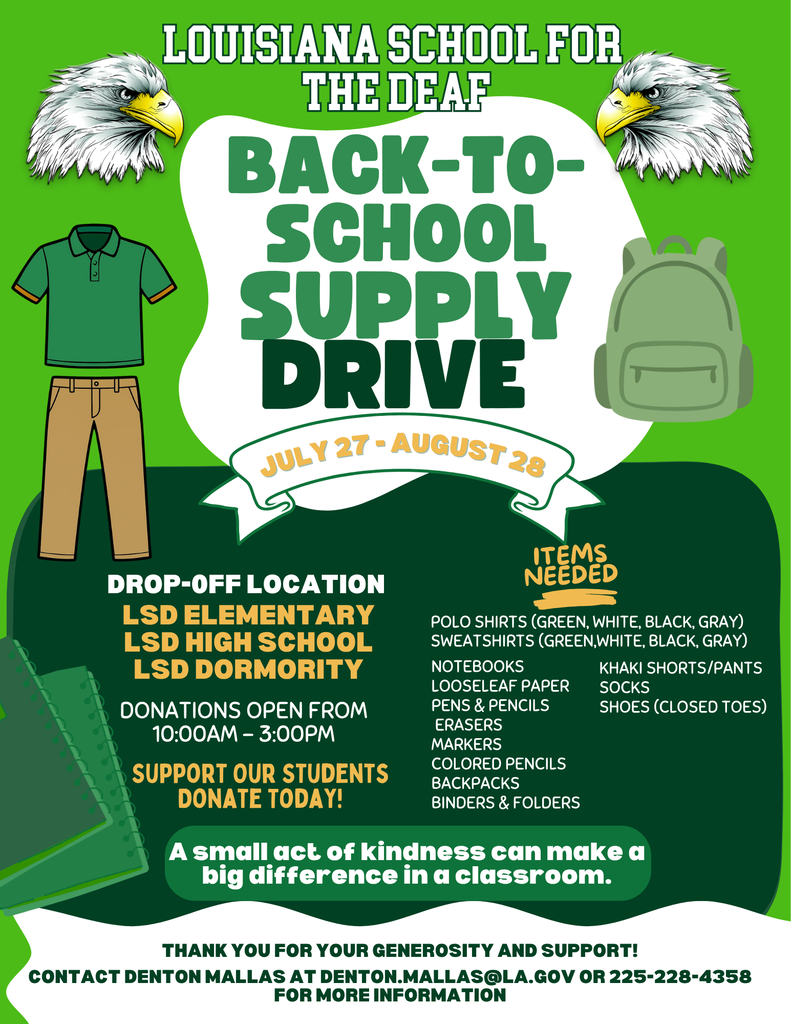 LSD flyer of back to supply drive asking for a donation of polo shirts, pants, and school supplies. It is open from July 27 to August 28 and the drop off location will be at LSD elementary, LSD High School, and LSD Dormitory