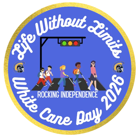 White Cane Day logo: Life without limits- White Cane Safety Day 2026: Rockin’ Independence. Clip art shows students walking across a cross walk of an intersection properly using their white canes.