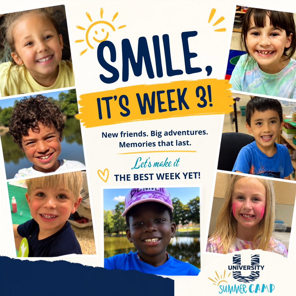7 diverse smiling faces pictured on a flyer announcing week 3 of summer camp