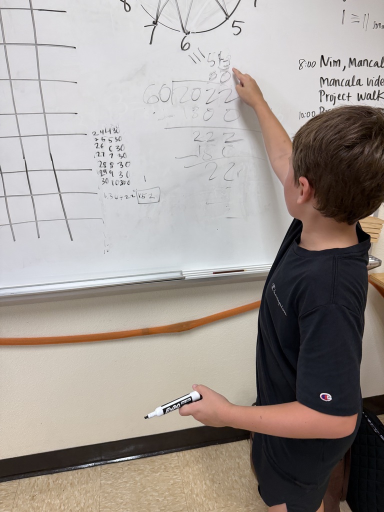 little boy wearing a dark tshirt facing dry erase board working on math problem