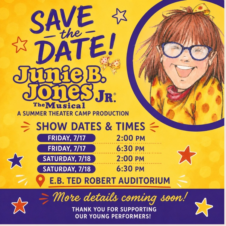 Junie June camp flyer on yellow and purple colors