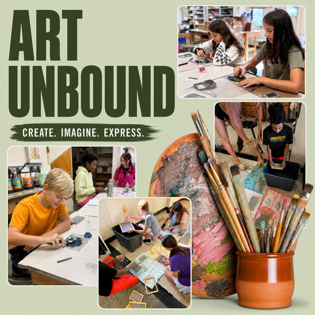 light sage green graphic with four pictures of student campers engaging in art tasks