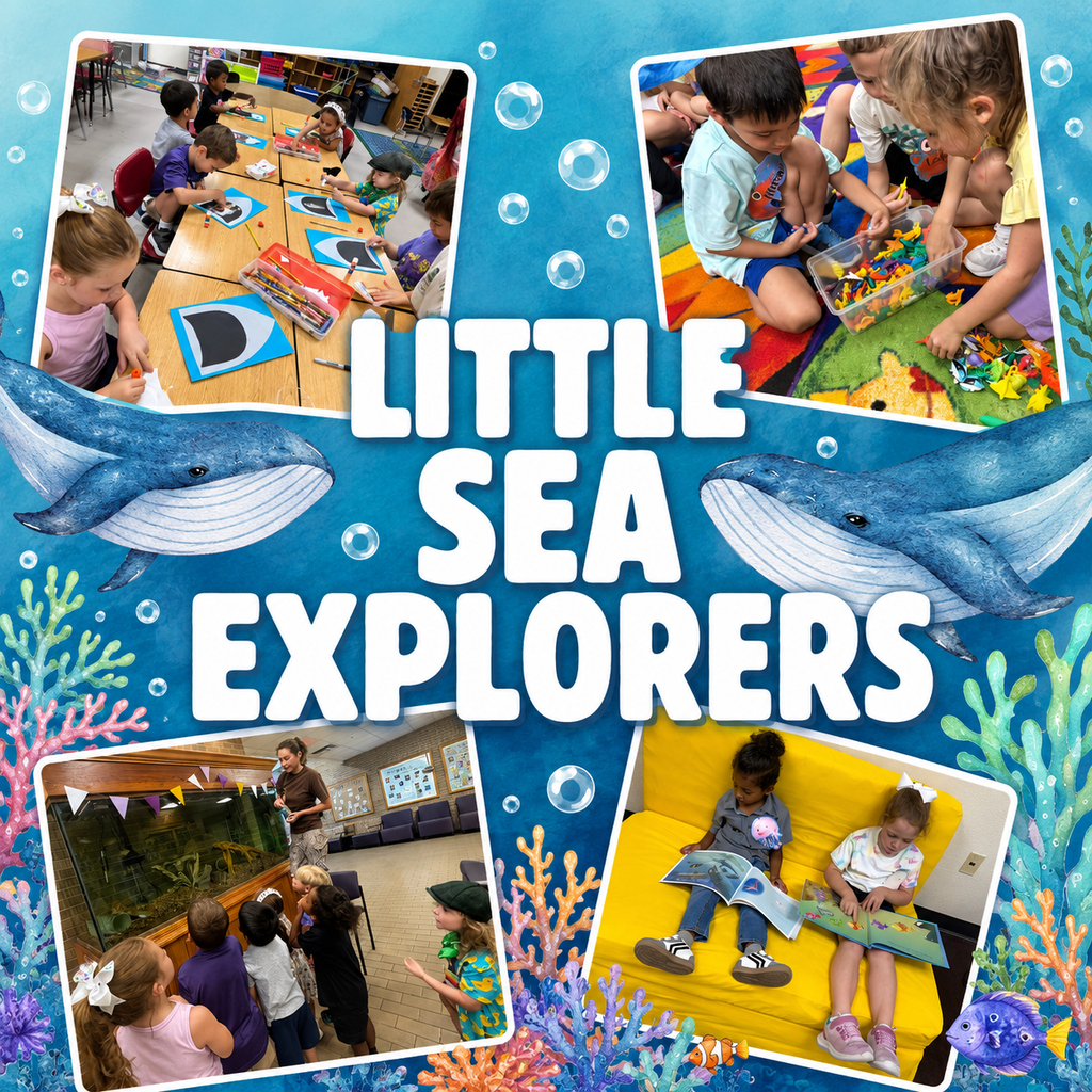 Blue underwater graphic with pictures of camp kids interacting in learning