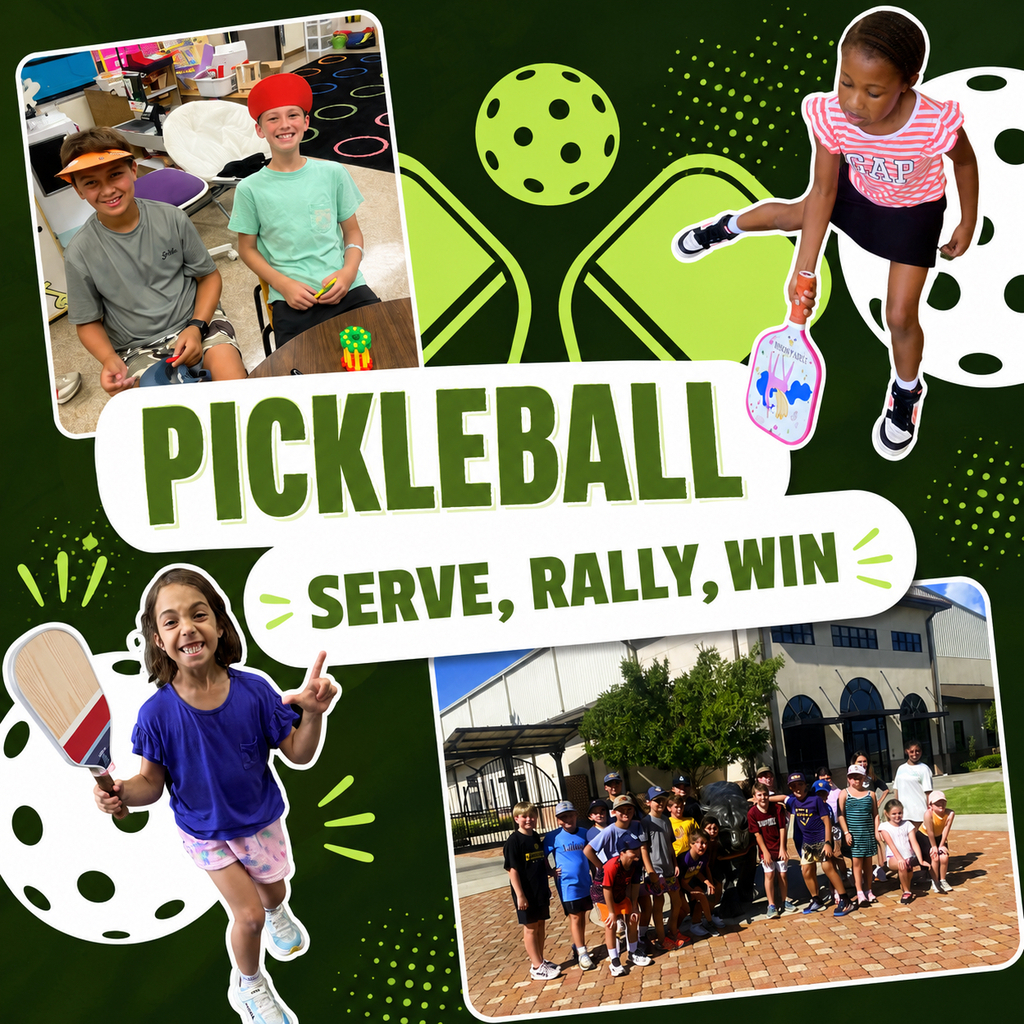 deep green flyer with pickleball graphics and a group picture of kids at the tennis facility.
