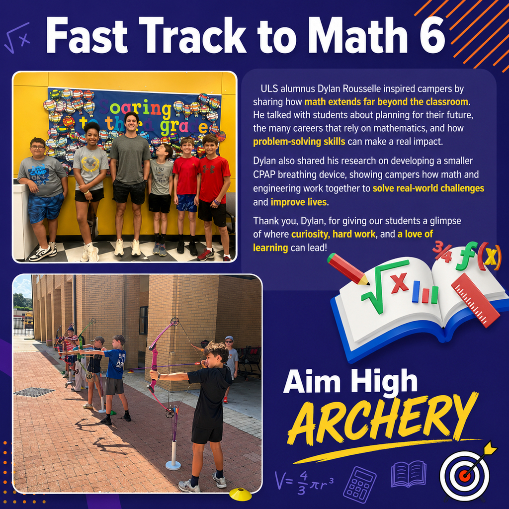 Deep purple graphic with two pictures of students in group picture and using archery